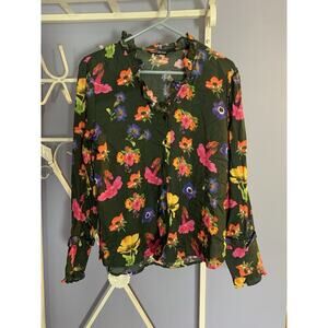 Tolani Collection Womens Black Long Sleeve Floral Ruffle Button Front Blouse XXS